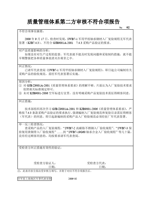 质量管理体系第二方审核不符合项报告