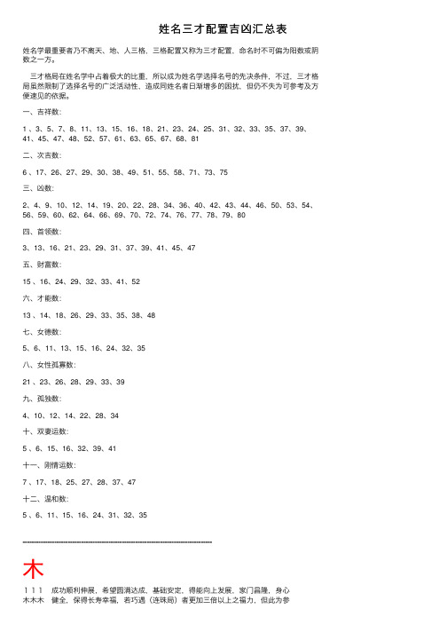 姓名三才配置吉凶汇总表