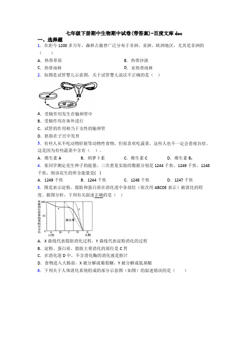 七年级下册期中生物期中试卷(带答案)-百度文库doc