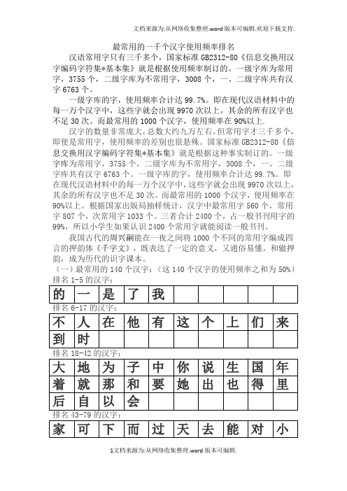 最常用的1000个汉字(简体表)