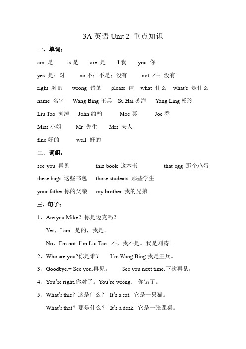 【译林版】3A英语Unit 2 重点知识