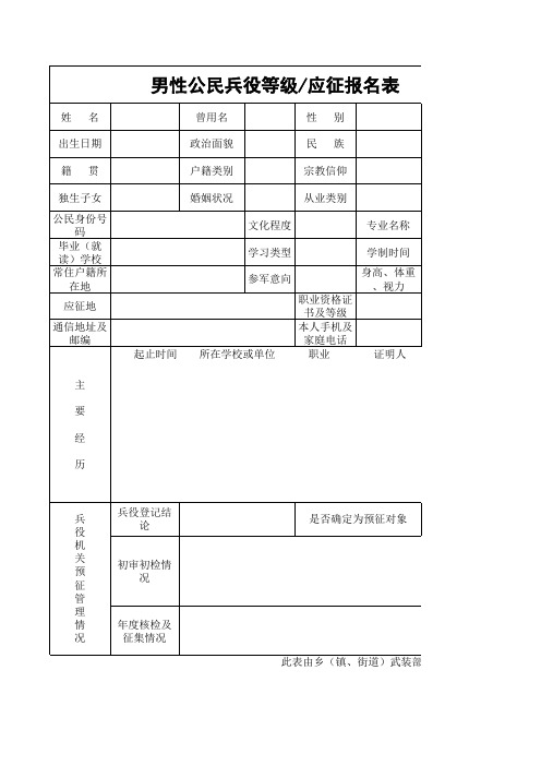 男性公民兵役等级应征报名表(样表)