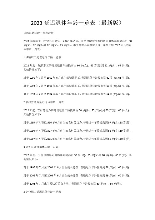 2023延迟退休年龄一览表(最新版)