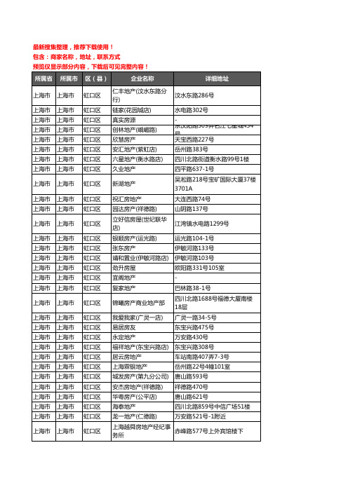 新版上海市上海市虹口区房屋中介企业公司商家户名录单联系方式地址大全333家