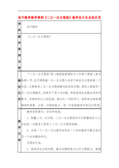 初中数学教学课例《二元一次方程组》教学设计及总结反思