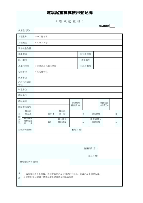 建筑起重机械使用登记牌(塔式起重机)GDAQ21010