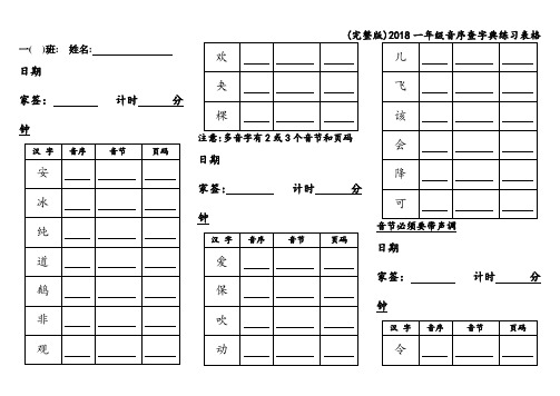 (完整版)2018一年级音序查字典练习表格