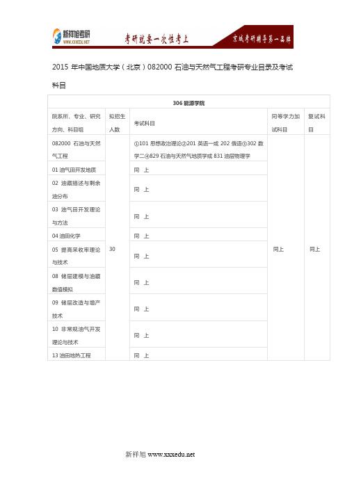 2016年中国地质大学(北京)082000石油与天然气工程考研专业目录及考试科目