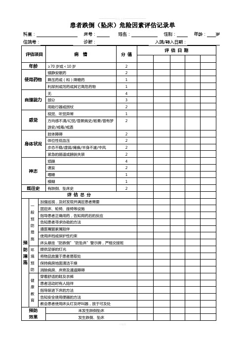 患者跌倒(坠床)危险因素评估记录表