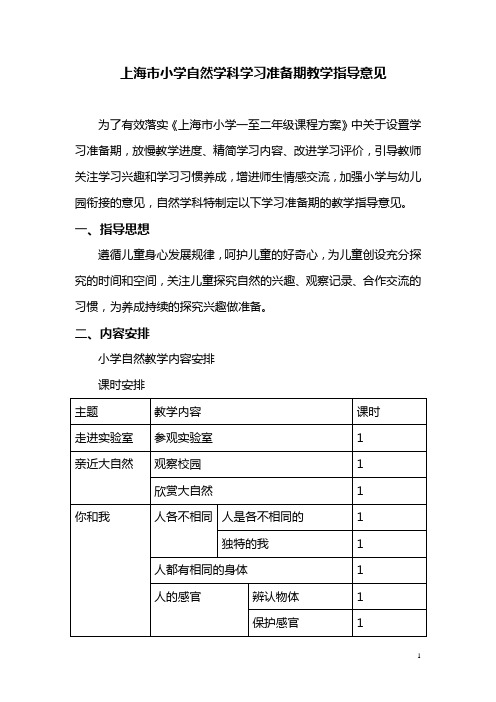 上海市小学自然学科学习准备期教学指导意见(精)