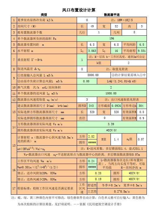 风口布置设计计算表