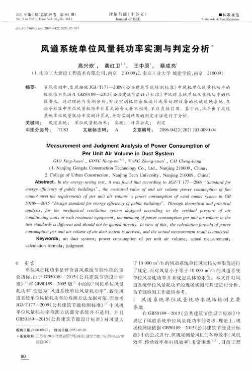 风道系统单位风量耗功率实测与判定分析