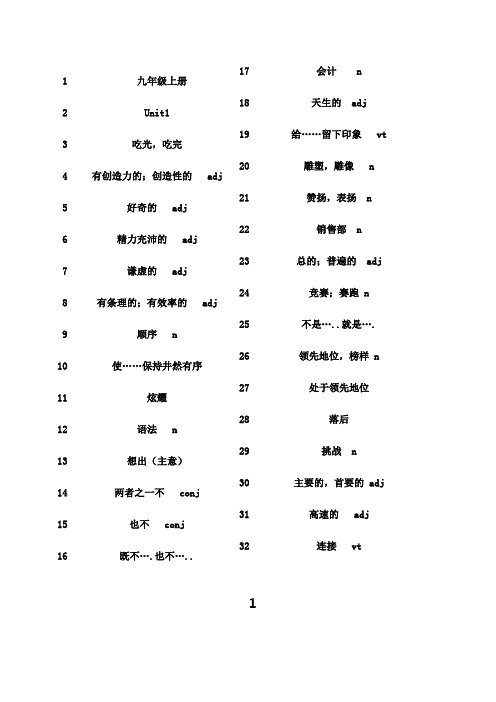 最新九年级上册英语单词译林版