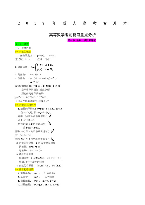 成人高考专升本高等数学考前复习重点分析