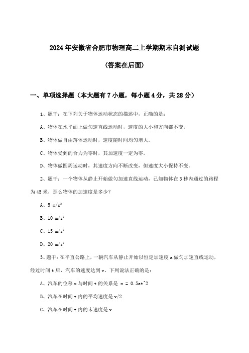 安徽省合肥市物理高二上学期期末试题及答案指导(2024年)