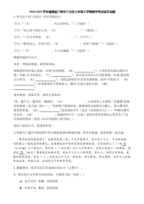 2023-2024学年福建省三明市三元区七年级上学期期中考试语文试题