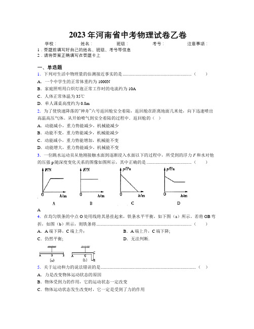 2023年河南省中考物理试卷乙卷附解析