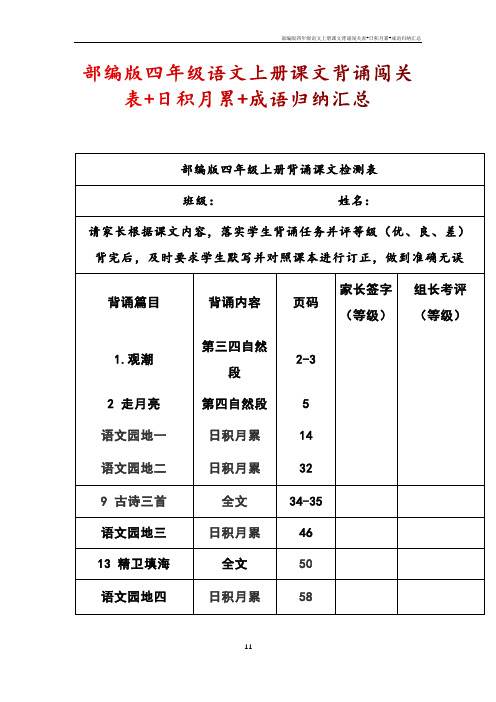 部编版四年级语文上册课文背诵闯关表+日积月累+成语归纳汇总