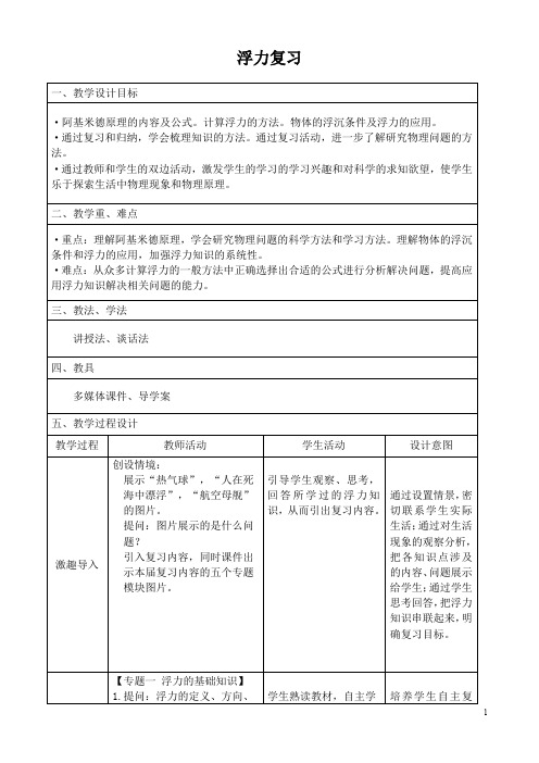 最新人教版物理八年级下册优质课教案     第十章  浮力 复习