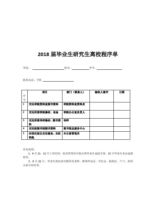 2018届毕业生研究生离校程序单