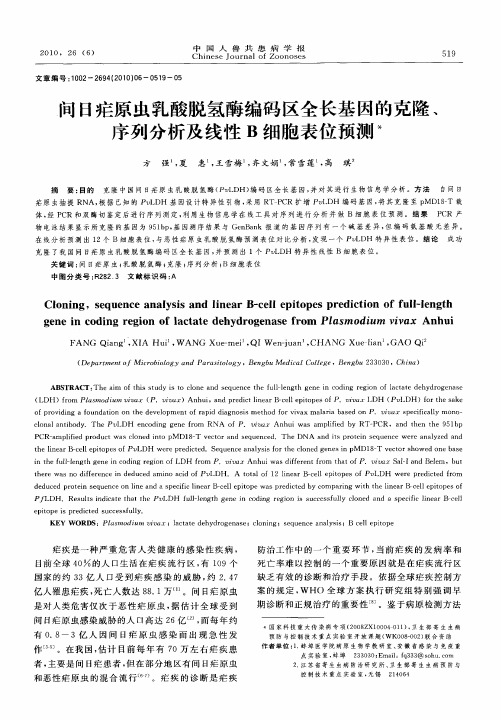 间日疟原虫乳酸脱氢酶编码区全长基因的克隆、序列分析及线性B细胞表位预测