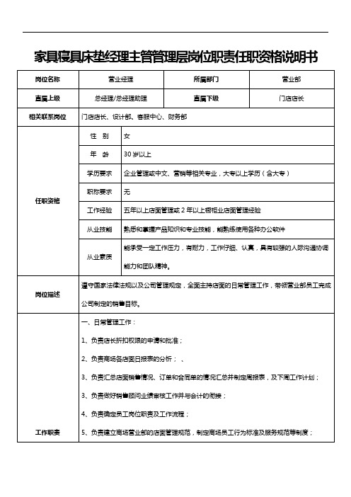 家具寝具床垫经理主管管理层岗位职责任职资格说明书