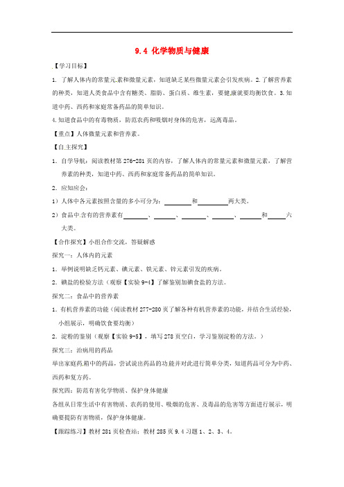 粤教版九年级化学下册9.4化学物质与健康 配套学案 粤教