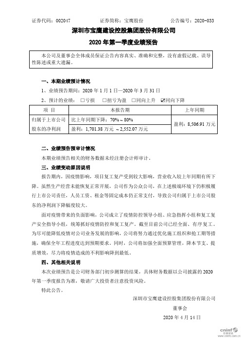 宝鹰股份：2020年第一季度业绩预告