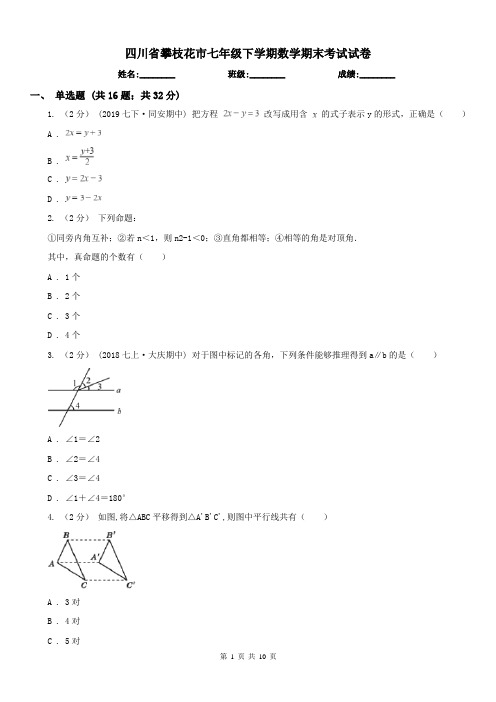 四川省攀枝花市七年级下学期数学期末考试试卷