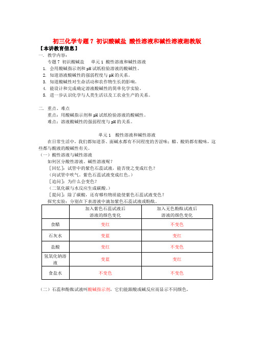 九年级化学专题7 初识酸碱盐 酸性溶液和碱性溶液湘教版知识精讲