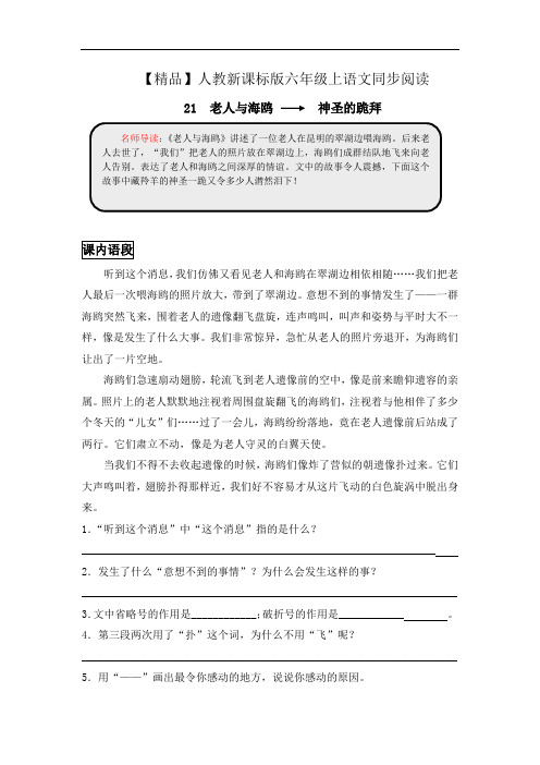 【精品】六年级上语文同步阅读及答案-21.老人与海鸥-人教新课标