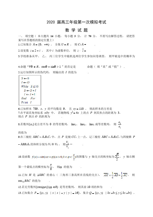 2020届高三第一次(1月)模拟考试数学试题(有答案)