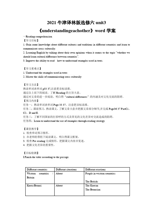 2021牛津译林版选修六unit3《understandingeachother》word学案