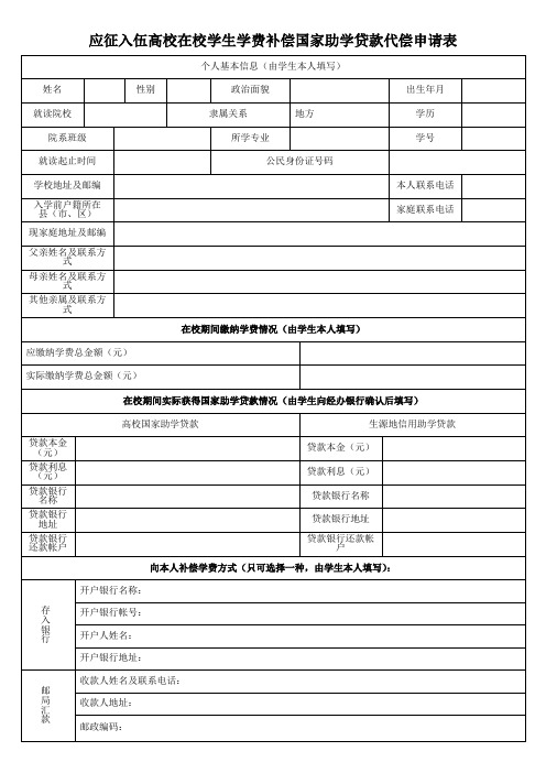 应征入伍高校在校学生学费补偿国家助学贷款代偿申请表