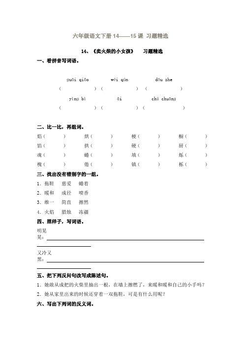 六年级语文下册14-15课习题精选