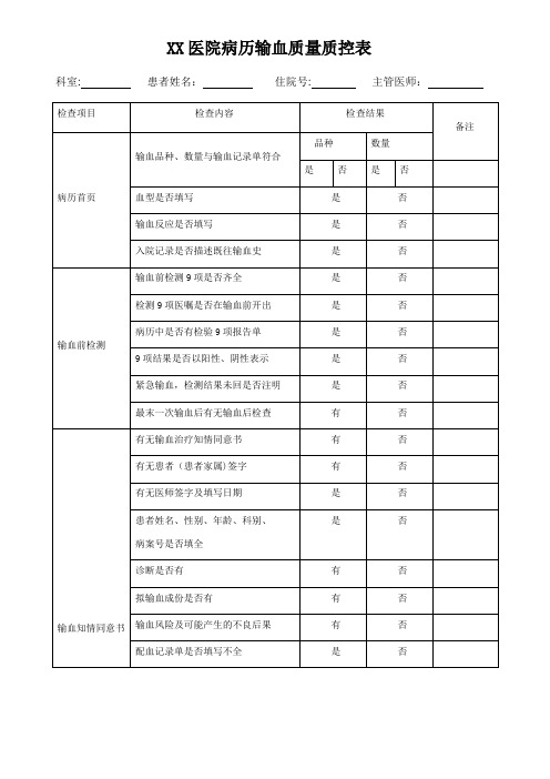 XX医院病历输血质量质控表