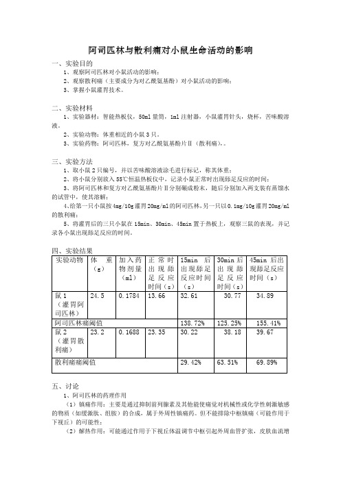 阿司匹林与散利痛对小鼠生命活动的影响