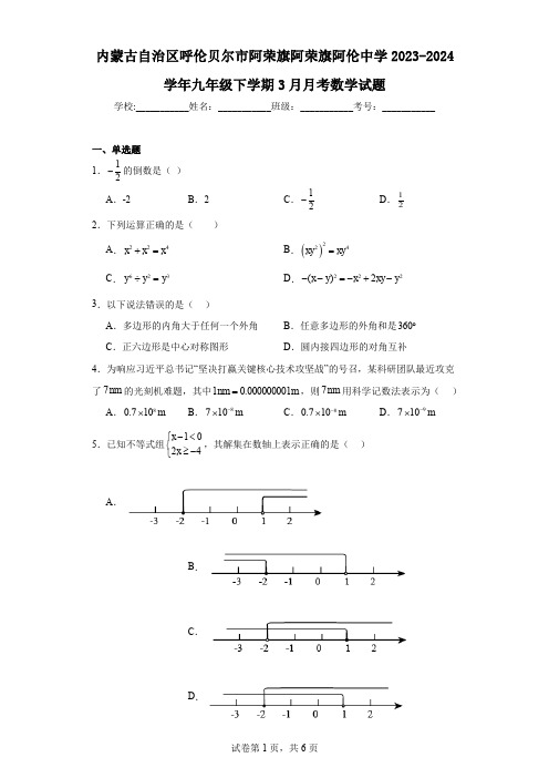 内蒙古自治区呼伦贝尔市阿荣旗阿荣旗阿伦中学2023-2024学年九年级下学期3月月考数学试题