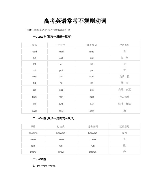 高考英语常考不规则动词