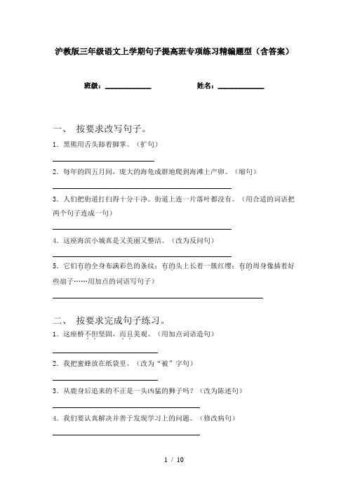 沪教版三年级语文上学期句子提高班专项练习精编题型(含答案)