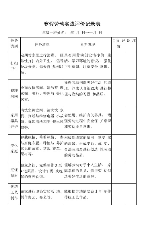 寒假劳动实践评价表-学生