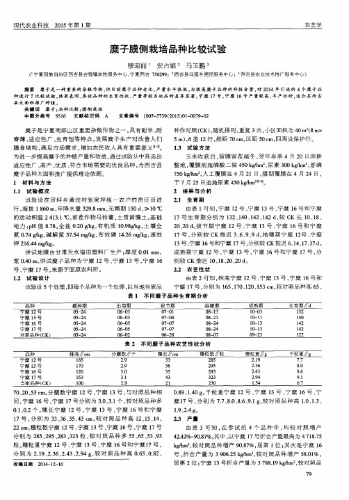 糜子膜侧栽培品种比较试验