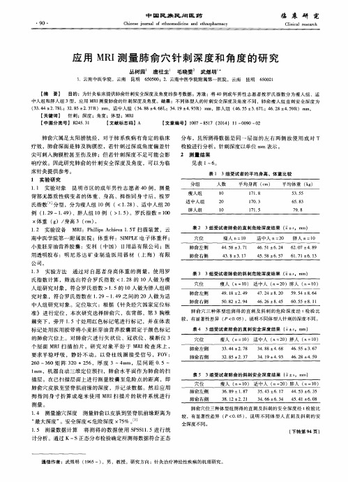 应用MRI测量肺俞穴针刺深度和角度的研究