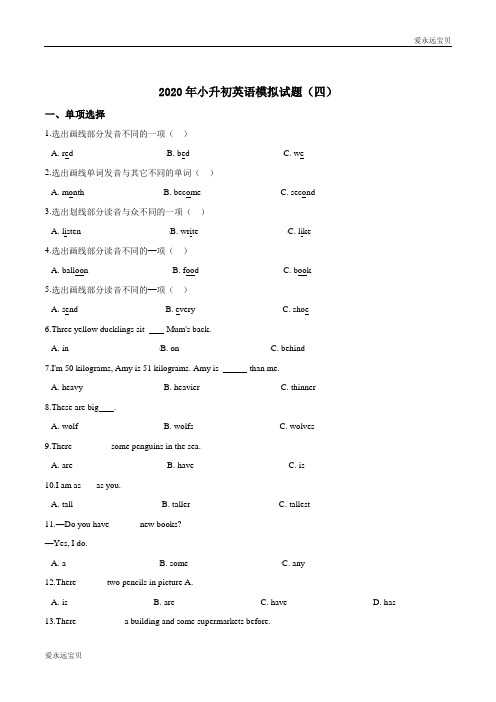 2020年小升初英语模拟试题(四) (科普版含答案)