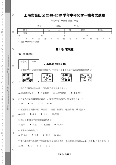 _上海市金山区2018-2019学年中考化学一模考试试卷(含答案)