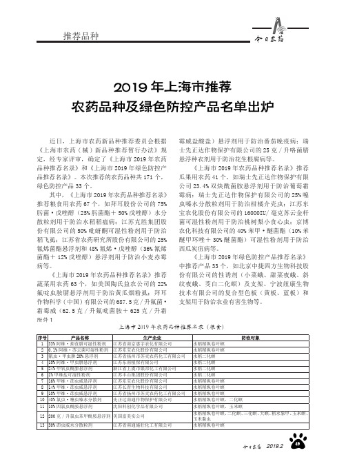 2019年上海市推荐农药品种及绿色防控产品名单出炉