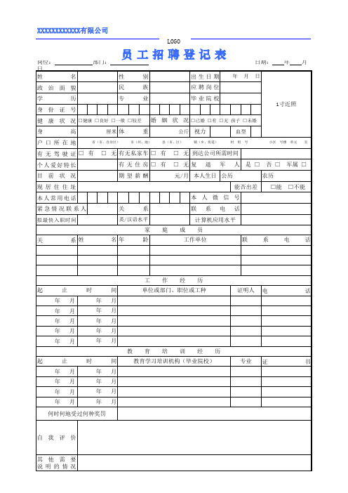 最新员工招聘登记表模版