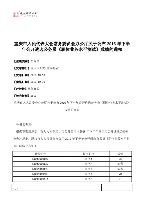 重庆市人大常委会办公厅关于公布2016年下半年公开遴选公务员《职