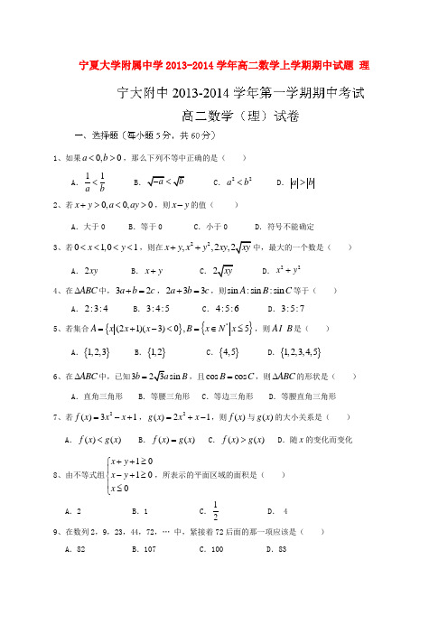 宁夏大学附属中学高二数学上学期期中试题 理