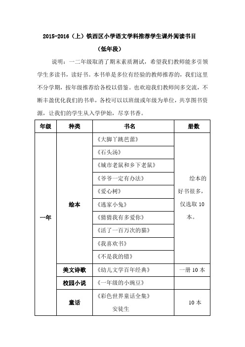 小学一、二年语文学科推荐学生课外阅读书目